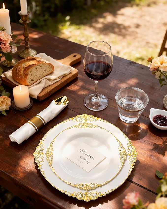 Nervure 350PCS Ivory Plastic Plates - Ivory Gold Plastic Dinnerware Sets for 50 Guests - 100 Gold Disposable Plates, 50 Pre Rolled Silverware Sets, 50 Cups Perfect for Wedding & Party