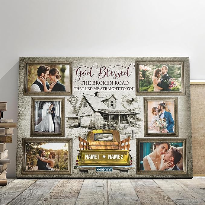 Dem Canvas Personalized Couple Canvas Prints, Custom Love Photo And Name, Beautiful Farmhouse God Blessed The Broken Road, Wedding Gifts For Couple Anniversary Valentines Engagement Gift For Couples