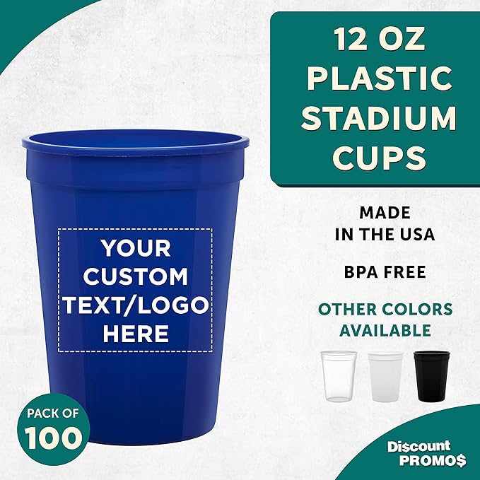 Custom Disposable Plastic Cups 12 oz. Set of 100, Personalized Bulk Pack - Perfect for Summer, Sporting Events, Birthdays, Weddings, Picnic, Beach, Parties - Reflex Blue