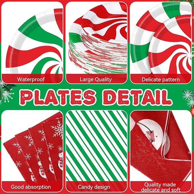 Pickmesh 400 Pcs Christmas Peppermint Candy Paper Plates Napkins Cups Cutlery for Candy Mint Party Supplies, Red and Green Striped Peppermint Party Decorations Tableware Set for Holiday Xmas Serve 50