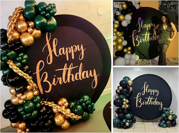 6.5ftx6.5ft Gold Happy Birthday Sign Round Backdrop Cover,Black Round Backdrop Cover Happy Birthday Party Decoration Black Circle Background Stand Cover with 4Clips Baby Shower