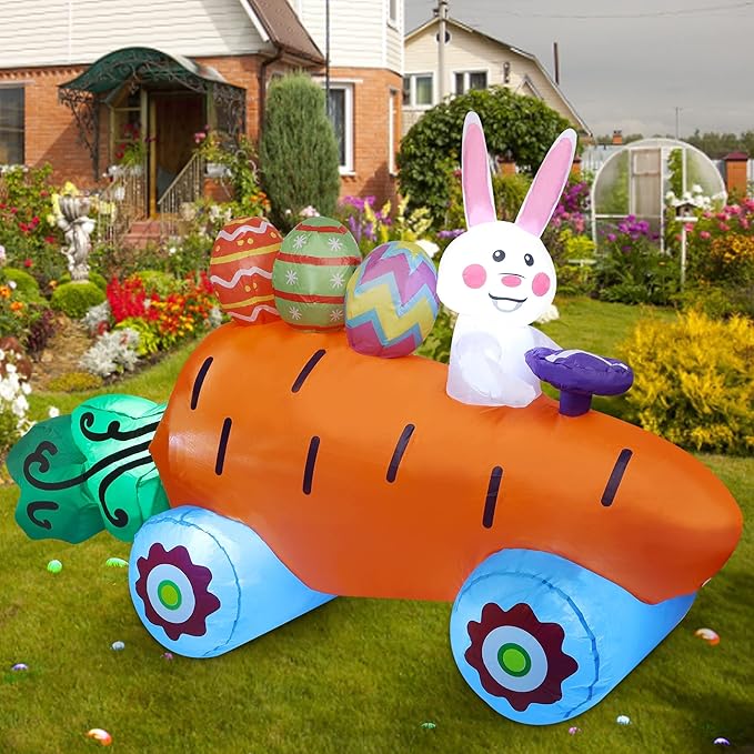 Easter Inflatables Outdoor Decorations, 6 FT Long Inflatable Bunny on Carrot Cart with Easter Eggs, Easter Blow up Yard Decorations for Indoor Outdoor Garden Lawn Holiday Party Decor