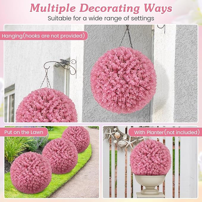 Goplus 17.5 Inch Topiary Balls Artificial Outdoor Set of 2, Faux Pink Eucalyptus Decorative Balls, Fake Plant Sphere, Round Artificial Plant Balls for Front Door, Porch, Backyard, Home Décor
