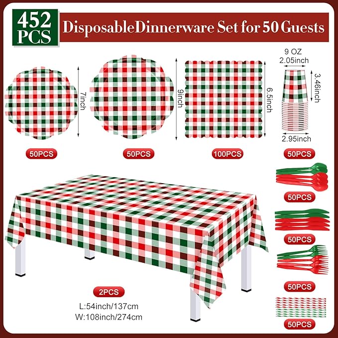 452 Pcs Red and Green Christmas Buffalo Plaid Party Supplies for 50, Scalloped Christmas Gingham Plaid Paper Plates Napkins Cups Tablecloth Cutlery Straws for Rustic Holiday Party Decoration