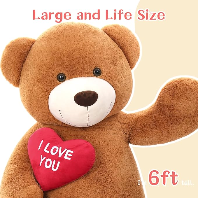 Tezituor Giant Brown Teddy Bear 6ft Stuffed Animals - “I Love You”Red Heart Jumbo Human Size Teddy Bear for Girlfriend,Boyfriend,Wife,Lover-Birthday, Anniversary,Christmas, Valentines, Long Distance