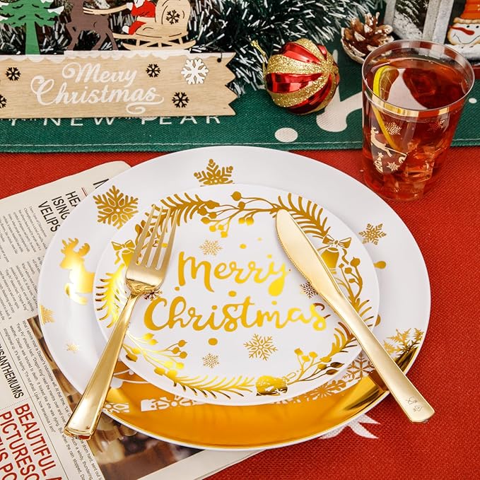 Supernal 150pcs Christmas Plates, Christmas Plastic Dinnerware include Gold Plastic Plates,Gold Disposable Silverware, Disposable Cups, Xmas Party Plate for 25 Guests