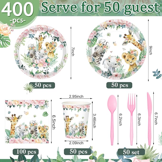 Pickmesh 400 Pcs Safari Birthday Party Supplies Include Pink Green Jungle Animal Disposable Paper Plates Napkins Cups Cutlery for Safari Jungle Wild Birthday Baby Shower Table Decorations Serve 50