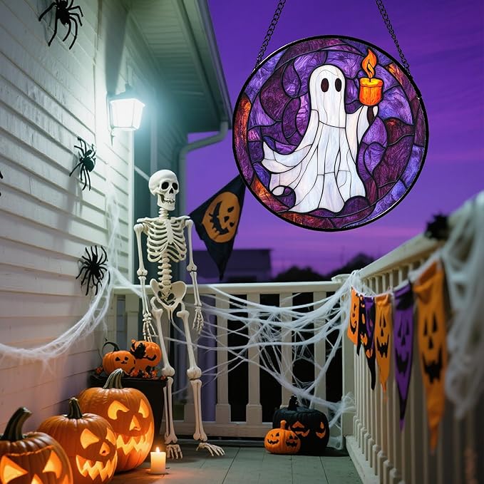Stained Glass Window Hanging - Halloween Decorations Ghost Suncatcher for Doors Garden Indoor Spooky Funny Purple Sun Catchers Gothic Decor Horror Gifts for Women Men Friend 11.8 in