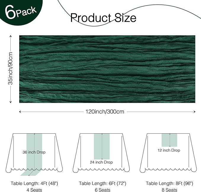 6 Pack Christmas Table Runner 120 Inch Boho Rustic Gauze 10 FT Emerald Green Cheese Cloths Table Runners Decorations for Spring Summer Birthday Party Baby Shower Wedding Holiday Home Decor