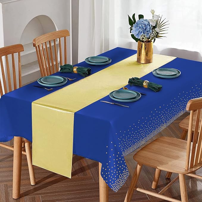 24Pack Disposable Plastic Tablecloths and Satin Table Runner Set Blue and Gold Dot Tablecloth Gold Satin Table Runner for Wedding Birthday Baby Shower Anniversary Christmas New Year Party Decorations