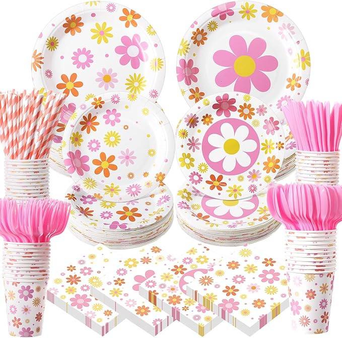 450 Pcs Daisy Groovy Tableware Set Decorations Boho Daisy Flower Paper Plates Napkins Cups Cutlery Straws for Boho Hippie Retro Birthday Baby Bridal Shower Wedding Tea Party, Serves 50