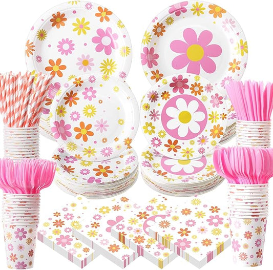 450 Pcs Daisy Groovy Tableware Set Decorations Boho Daisy Flower Paper Plates Napkins Cups Cutlery Straws for Boho Hippie Retro Birthday Baby Bridal Shower Wedding Tea Party, Serves 50
