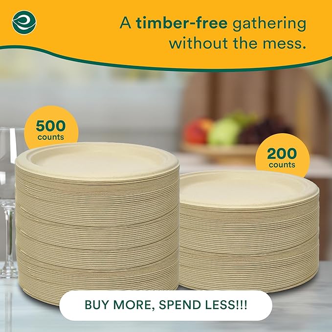 ECO SOUL 9 Inch Compostable Disposable Paper Plates [200 Pack] Food Safe 100% Virgin Bagasse Pulp Heavy Duty Biodegradable Microwave Safe Large Round Dinner Plate for Party, Picnic & BBQ (Brown)