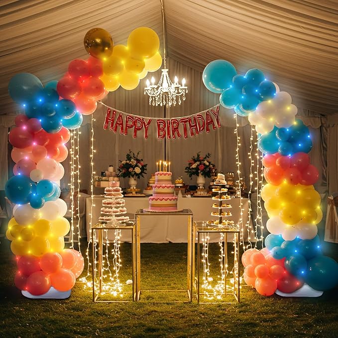 OurWarm Balloon Arch Kit with LED Lights, 9.35FT & 6FT Free Bending Half Balloon Arch Stand with Base, Gold Backdrop Stand for Wedding Birthday Party Baby Shower Yard Lawn Graduation Decorations