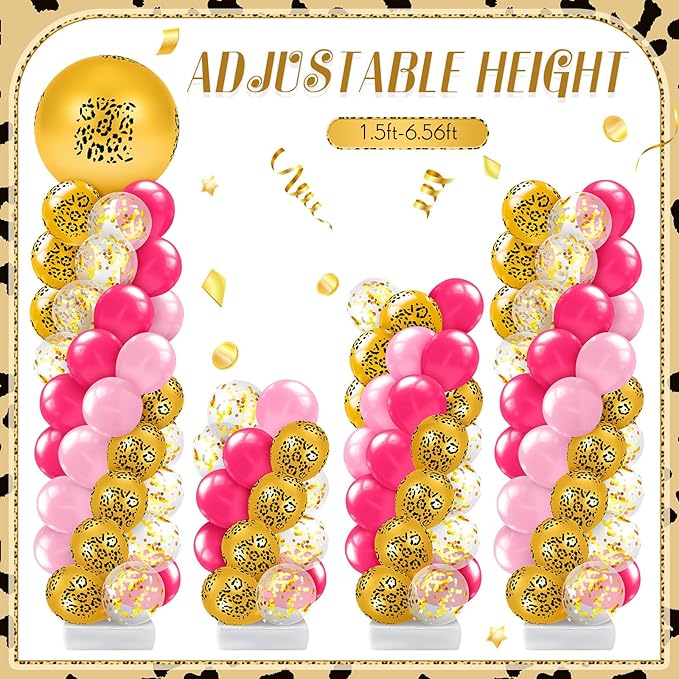 Kasyat 2 Set Pink Cheetah Print Balloon Column Stand Kit, Pink Leopard Print Balloon Garland Arch Kit Adjustable Stands for Jungle Safari Animal Baby Shower Wild One Birthday Party Decorations