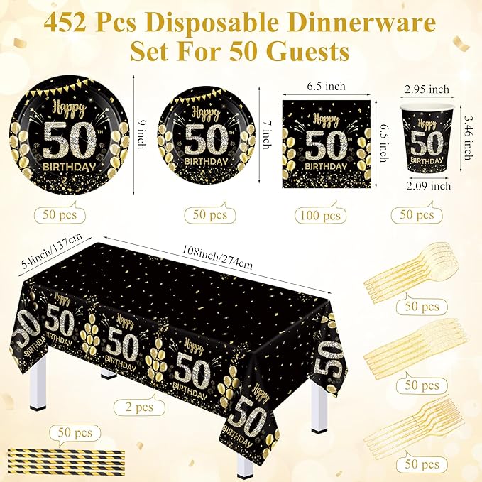 452 Pcs 50th Birthday Decorations for Men, Black and Gold 50th Birthday Paper Plates Cups Napkins Tablecloth Cutlery Straws for Men Women 50 Year Old Party Supplies for 50 Guests