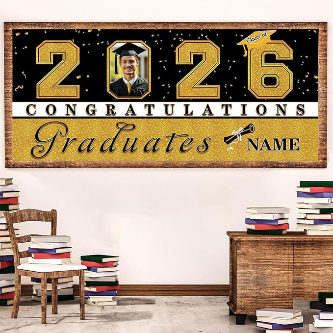 Custom Graduation Garage Door Banner Decoration 7x16ft with Photo Congrats Garage Door Cover 2026 Party Photo Booth Backdrop Party Supplies(Gold)