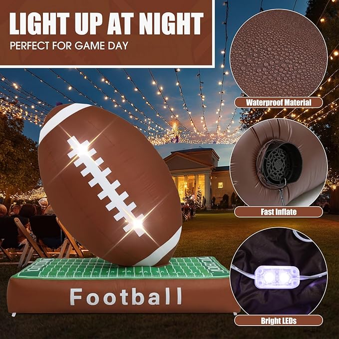 6ft Giant Jumbo Inflatable Football with Lawn Decoration Blow up Football with Built-in LED Light for Yard Game Day Large Sport Themed Party Holiday Birthday Party Decoration