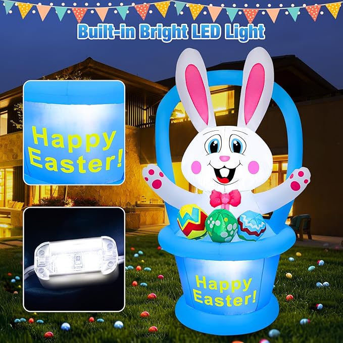 5 Ft Easter Inflatables Yard Decorations, Blow up Easter Bunny with LED Lights Basket Light up Outdoor Decor for Holiday Party Indoor Outdoor Garden Lawn