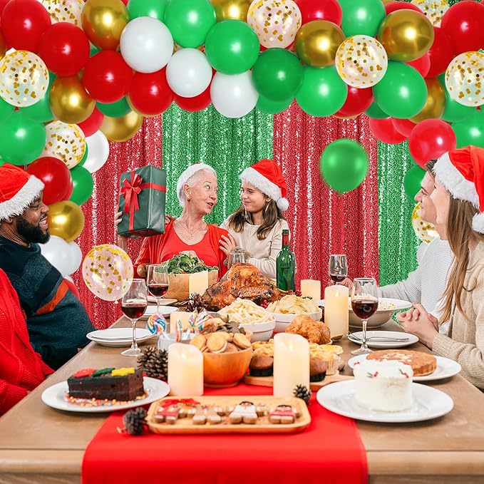 137 Pcs Red Green Christmas Party Backdrop Kits-4 Sequin Curtains Backdrop 133 Balloon Arch Kit, Glitter Photo Background for Xmas New Year Eve Birthday Wedding Anniversary Baby Shower