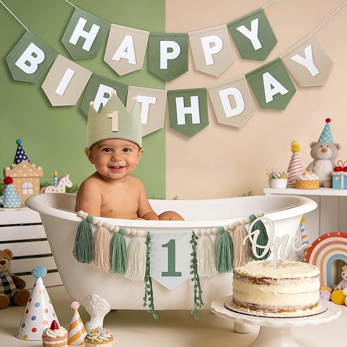 Wild One High Chair Banner Felt Green Happy Birthday Banner Pre-Strung Birthday Party Decorations For Boy 1st Birthday Decoration