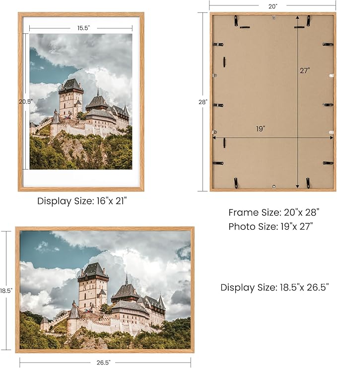 Axeman 19x27 Picture frame with mat for 16x21, Tempered Glass and Hanging Hardware Included Natural Oak Home Decor Art Hanging Frame, Natural Oak