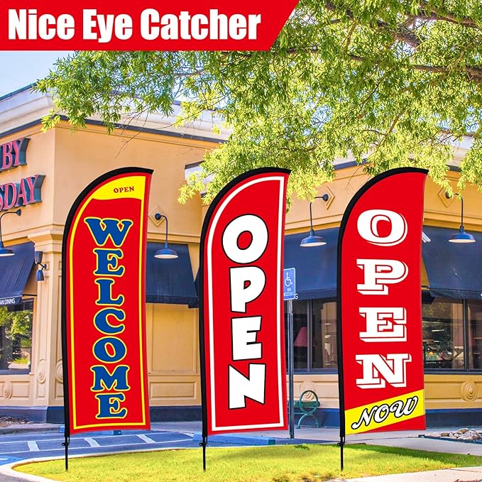 Buryeah 3 Sets Now Open Feather Flag Banner for Business Advertising 7 Feet Tall Grand Opening Feather Flag Sign with Fiberglass Pole Kit Rotating Ground Spike and Portable Bag(Red)