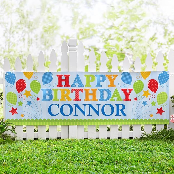 Let's Make Memories Personalized blue Happy Birthday Banner for Kids - Custom Birthday Party Decorations - Indoor/Outdoor Vinyl - Any Name - Balloons and Stars - 10ft