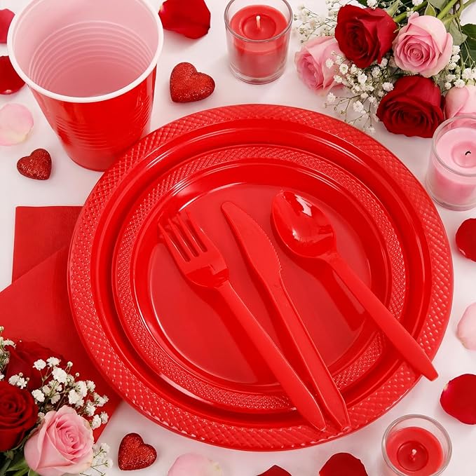 MirthMood 350PCS Red Disposable Plastic Plates,Red Dinnerware Set Includes 50 Dinner Plates, 50 Salad Plates, 50 Sets of Silverware, 50 Napkins and 50Pcs 12OZ Plastic Cups