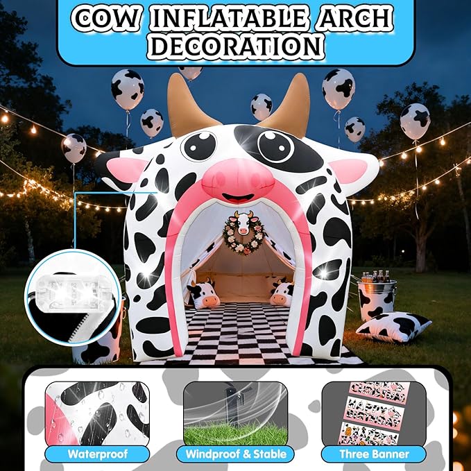 12FT Inflatable Cow Arch Outdoor Decorations Giant Cow Inflatables with Built-in 5 LED Lights Farm Animals Blow Up Garden Yard Lawn Decor for Baby Shower Cow Easter Valentines Day Birthday Party