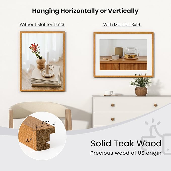 Axeman 17x23 Frame - Solid Teak Wood 13 x 19 Picture Frame With Mat To 17x23, 23x17 Wood Poster Frame, Tempered Glass and Hanging Hardware Included Home Decor Art Hanging Frame, Natural Teak