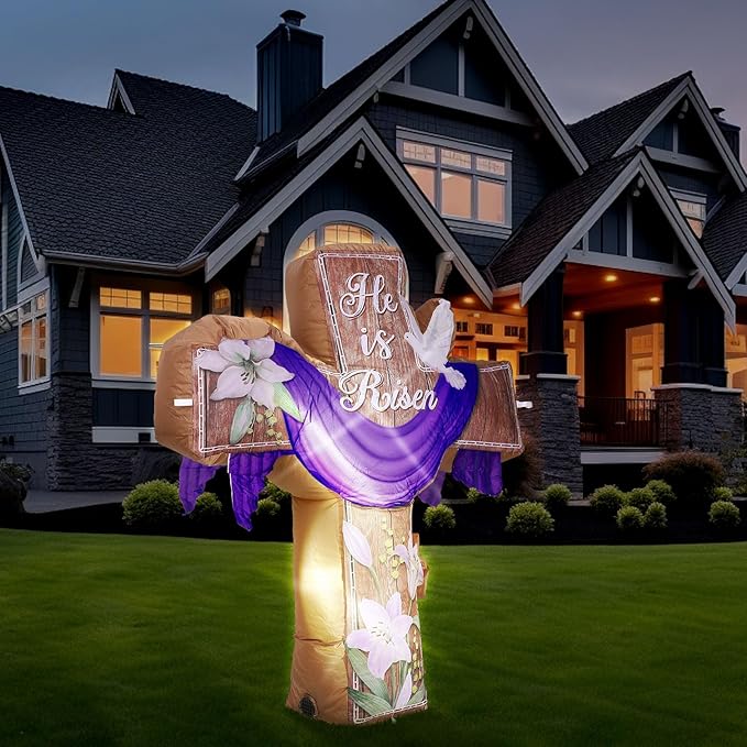 VIHOSE Easter Inflatable Decor 4.5 Ft He is Risen Blow Up Decoration Religious Cross Inflatables with LED Lights Christian Inspirational Yard Decor for Garden Lawn Indoor Holiday Party Supplies