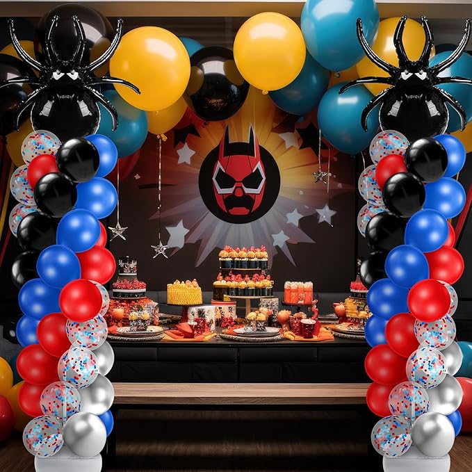 Kasyat 2 Sets Spider Party Balloon Column Stand Kit with 2 Spider and 100 Red Blue Black Latex Balloons, Adjustable Arch Stands for Birthday Baby Shower Hero Theme Party Decorations