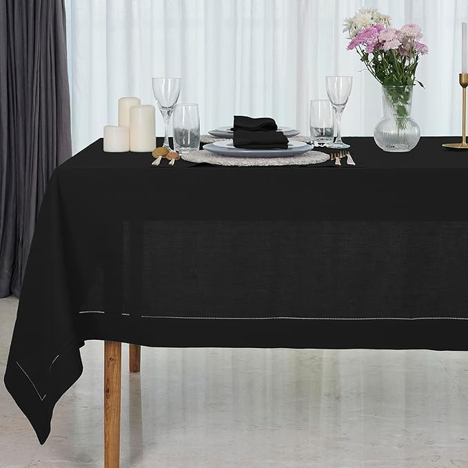 D'Moksha Homes Black Linen Tablecloth for Rectangle Tables 60 x 102 Inch - Classic Hemstitch 100% Pure Linen Black Table Cloth - Machine Washable Dining Tablecloth for Spring, Easter