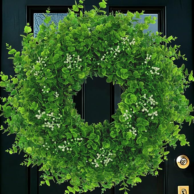 26'' Large Boxwood Wreath for Front Door Artificial Boxwood Leaves Greenery Outdoor Wreath for Porch Window Farmhouse Wall Home Decor Green Year Round Indoor Outdoor Spring Summer Fall All Seasons