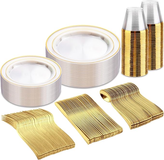 bUCLA 150Pcs Clear Gold Plastic Dinnerware Set - Clear and Gold Disposable Plates Include 25 Dinner / 25 Dessert Plates,25 Knives,25 Forks,25 Spoons,25 Cups for Party