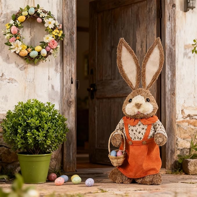 Juegoal Easter Straw Bunny Decorations, 32"(2.6FT) Extra Large Standing Mrs. Bunny Figurine, Handmade Easter Rabbit Statues, Cute Photo Props Gifts for Office Kitchen Farmhouse Spring Home