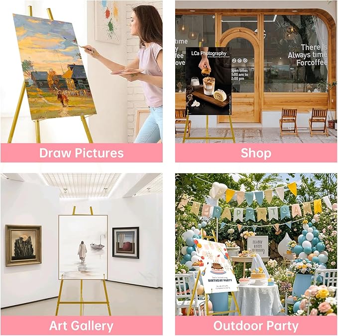 Gold Easel Stand for Sign–Adjustable Floor Heavy Duty Metal Display Easel for Wedding Signs, Art, Posters, Pictures Welcome Signs 4-Tier Height Commercial Display Easel for Parties & Galleries