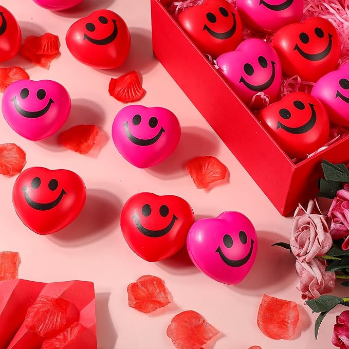 Zubebe 48 Pcs 2.76'' Valentine's Day Heart Stress Balls Heart Shaped Smile Face Ball Stress Relief Balls Valentines Day Gifts for Staff Kids Adults Party Favors School Reward(Red, Pink)