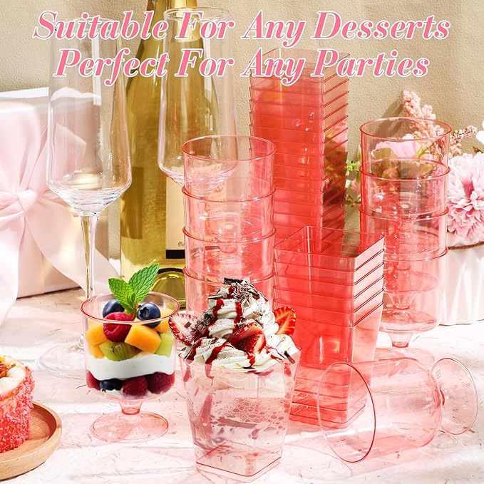300 Pcs Dessert Cups with Spoons Mini Clear Plastic Dessert Parfait Cup Round Goblet Square Glasses Plastic Spoons for Fruit Ice Cream Cake Wedding Party Supplies (Pink)