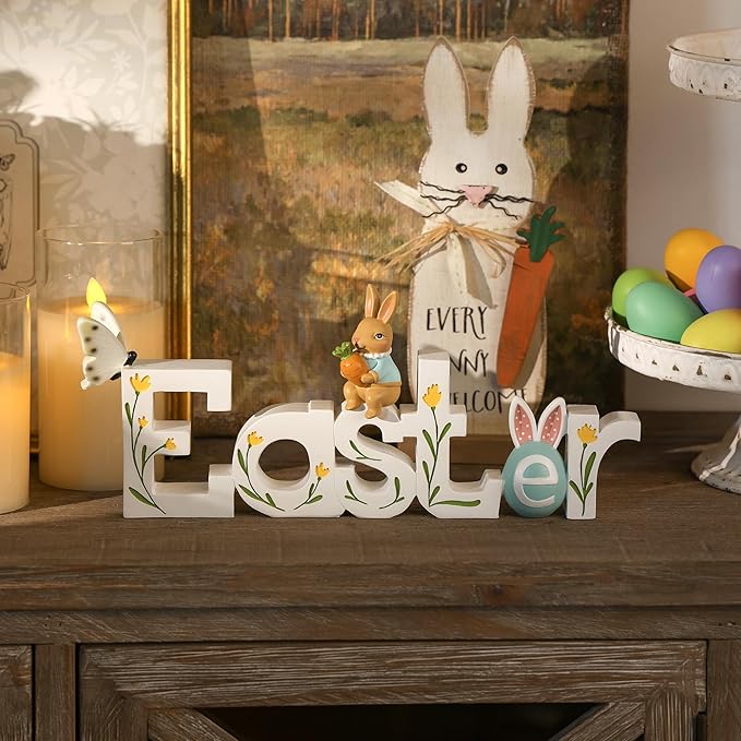 NIKKY HOME Easter Decor for Table, Easter Bunny Sign Table Decor, Cute Rabbit Centerpiece Resin Holiday Decorations for Home Kitchen Spring Decors for Gifts