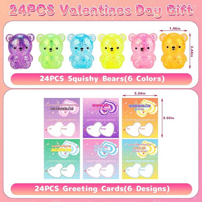 Valentines Day Cards for Kids Classroom, 24Pcs Cute Bear Squishy Toys with Valentine Cards, Valentines Day Gifts for Kids School, Valentine's Day Exchange Gifts Class Exchange Prizes
