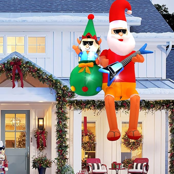 8 FT Guitar-Playing Santa Outdoor Inflatable with LED Lights for Christmas Holiday Party Decoration, Winter Garden Decoration
