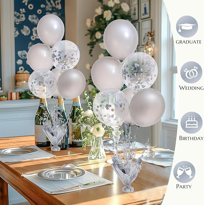 6 Set Silver Table Balloons Centerpiece Stand Kit with Silver and Confetti Balloons for Graduation Birthday Party Baby Shower Wedding Bridal Shower Prom Table Decorations