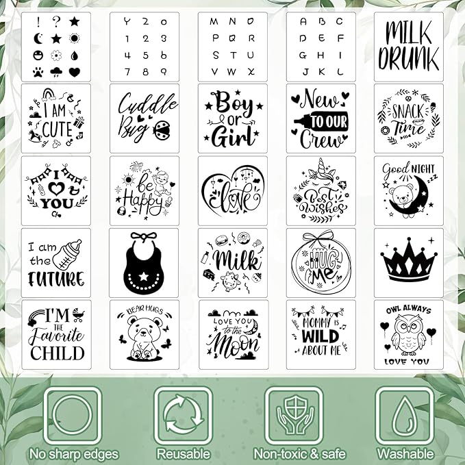 Panitay 126 Pcs Baby Shower DIY Bodysuit Set Bib 25 Blank White Newborn Bodysuit 25 Stencils 24 Marker 1 Sign 50 Pins(Greenery)