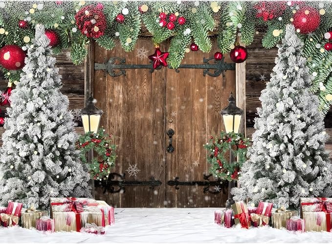 8x10ft Christmas Backdrop Snowy Wooden Door Background Pine Garland Christmas Trees Gifts Lanterns Red Gold Ornament Winter Photography Backdrop Xmas Party Banner Home Wall Decoration 114