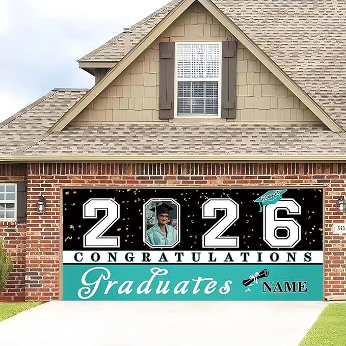 Custom Graduation Garage Door Banner Decoration 7x16ft with Photo Congrats Garage Door Cover 2026 Party Photo Booth Backdrop Party Supplies(Peacock Blue)