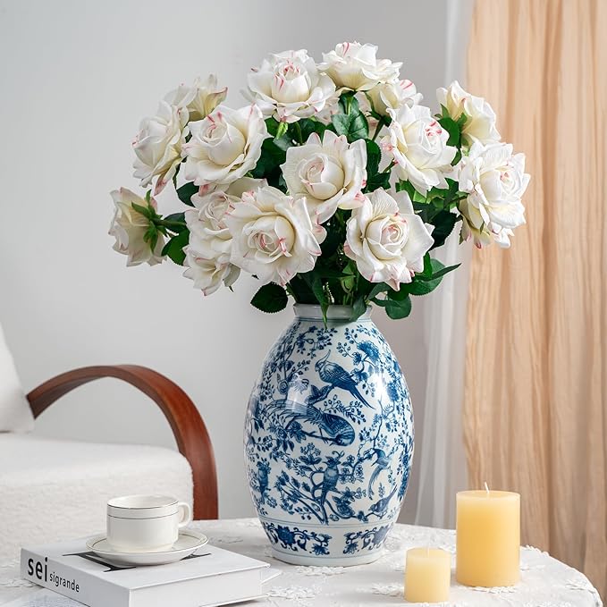 Artificial Flowers Artificial Roses Fake Roses 23.2In Long Stem Artificial Flowers for Tall Vase Silk Rose Suitable for Wedding Decor Valentine's Day DIY Bouquet Spring,Pattern White,20PCS