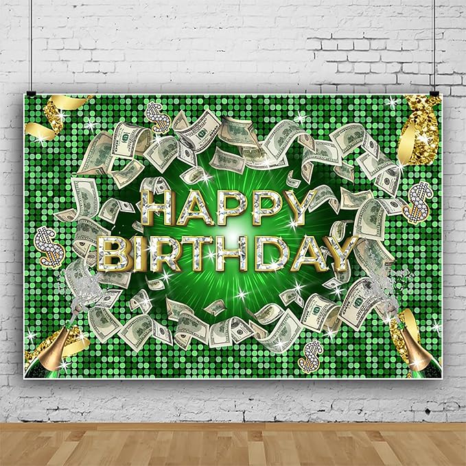 Renaiss 10x8ft Green Money Themed Birthday Backdrop Dollar Bills Birthday Photography Background Champagne Diamonds Luxury Money Casino Billions Theme Bday Party Decorations Photo Booth Props