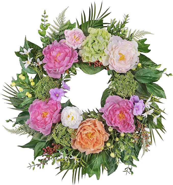 24 Inch Spring Wreath for Front Door with Peony Hydrangea Silk Flowers with Berry Greenery for All Seasons Porch Wedding Wall Farmhouse Porch Wall Living Room Home Widding Decor